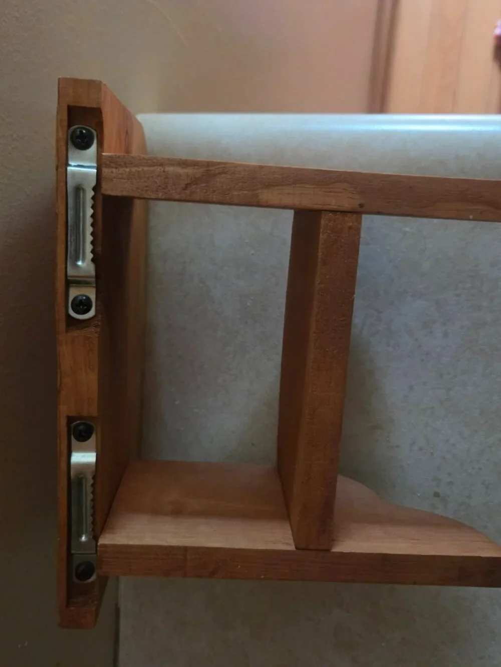 small wooden shelf with saw two hangers have two tiers great for nik nacs